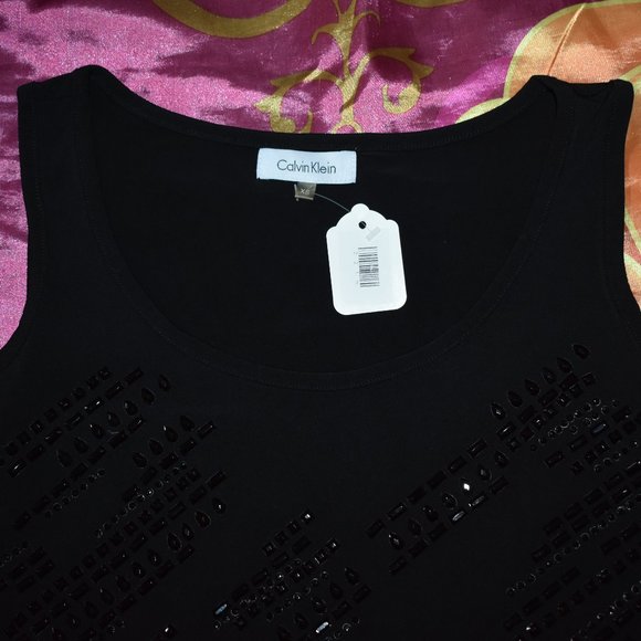 NEW calvin klein black beads rhinestone studs Bling Tank Top T-SHIRT Size XS / S - Picture 6 of 10
